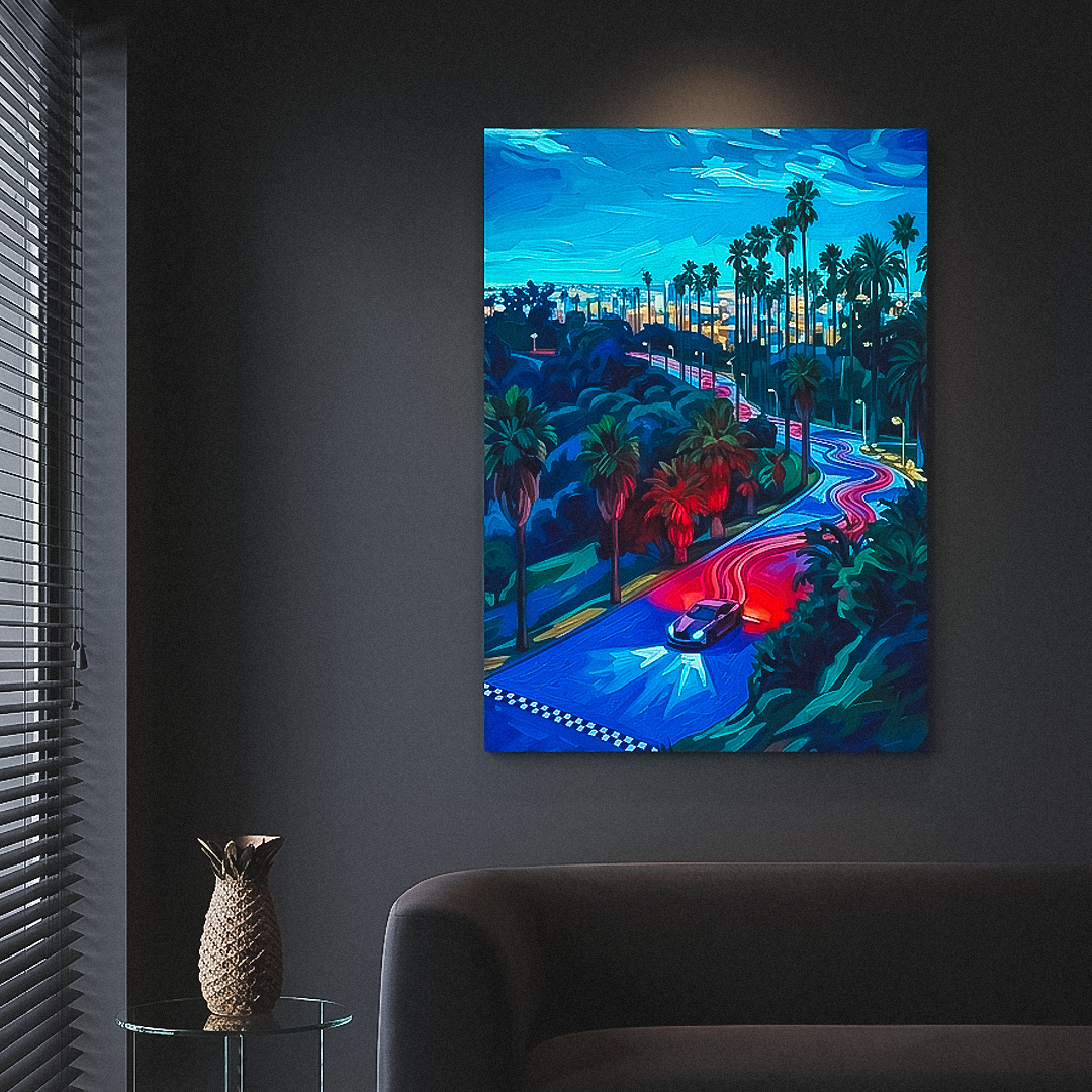 Colorful abstract painting of a cityscape with palm trees on a dark wall.