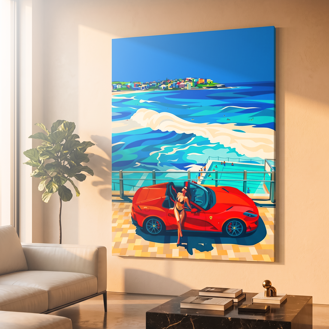 Living room with a large painting of a woman in a red convertible by the sea.