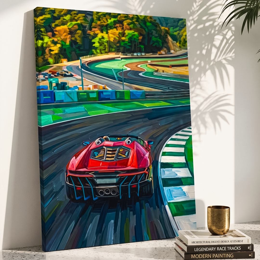 Canvas print of a race car on a track with a gold cup and books below.