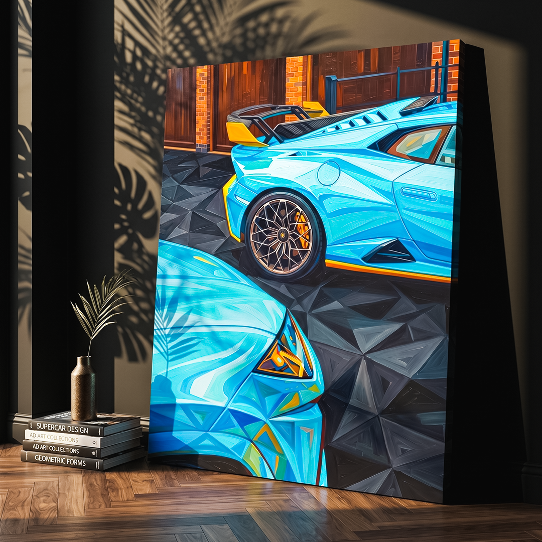 Blue sports car painting on a geometric-patterned wall with books and a plant below.