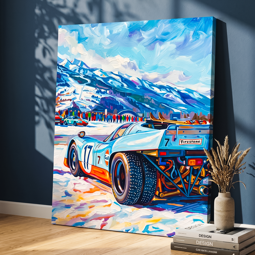 Colorful painting of a race car on a mountain road with a vase and books below.