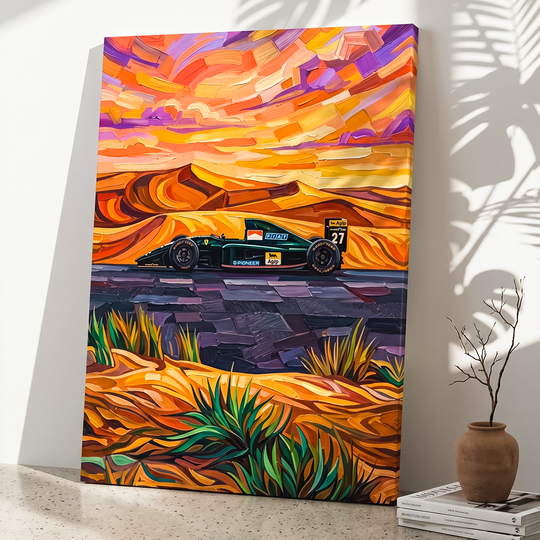 Colorful abstract painting of a desert landscape with a racing car on a wall.