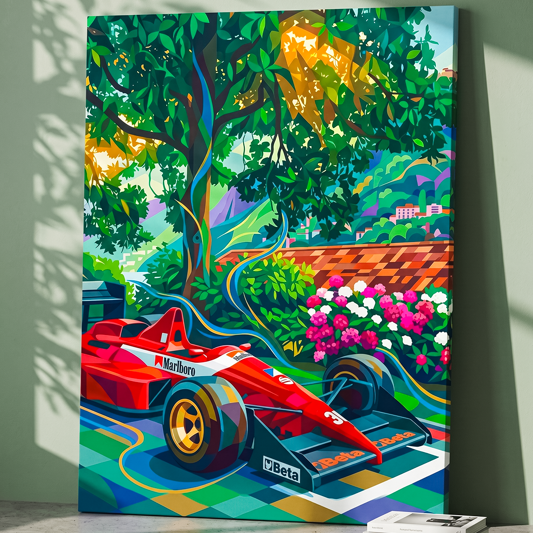 Colorful painting of a red race car on a racetrack with nature elements.