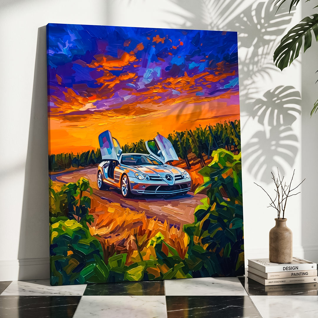Canvas print of a car with open doors against a colorful sunset sky, displayed indoors.