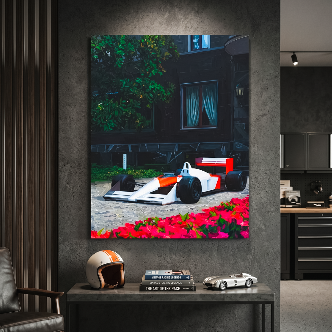 Modern interior with a painting of a race car on a wall, books, and a helmet on a table.