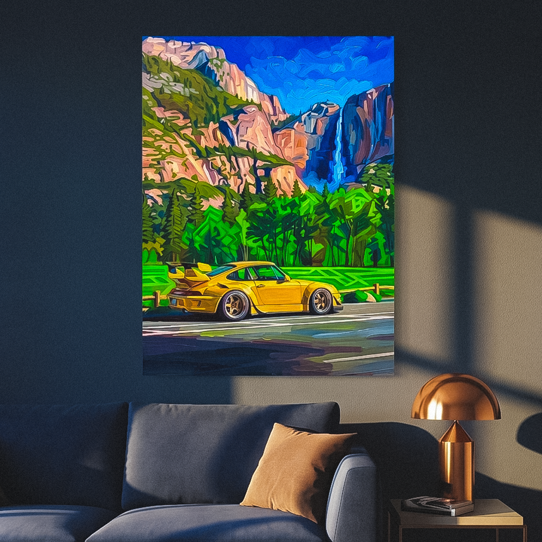 Living room with a blue sofa, lamp, and a large painting of a yellow car on a mountain road.