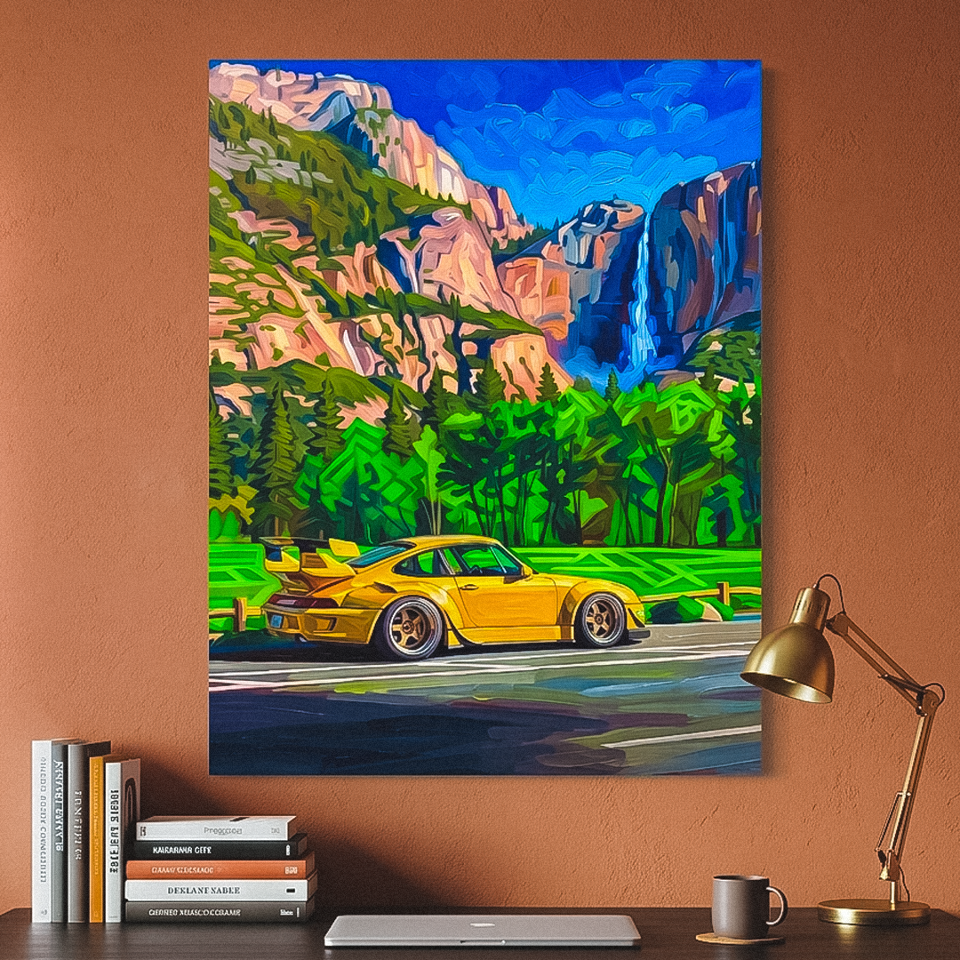 Colorful painting of a yellow sports car on a mountain road above a desk with books and a lamp.