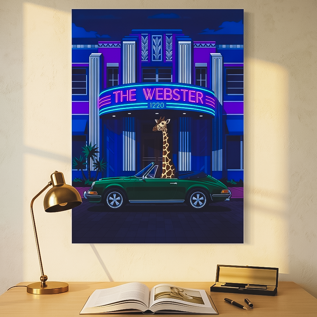 Framed artwork of a cityscape with 'The Webster' building and a green car on a wooden desk.