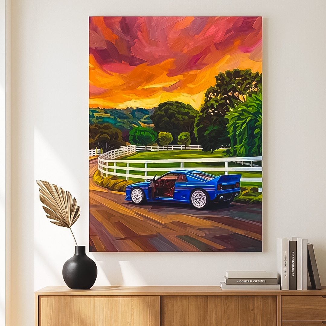 Painting of a blue car on a wooden road with a colorful sky above, displayed on a wall.