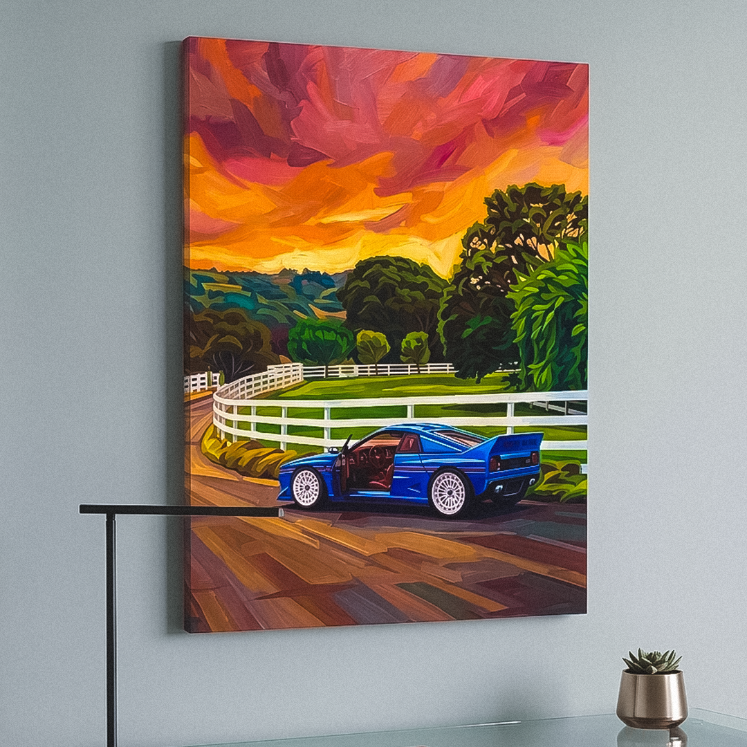 Painting of a blue car on a wooden platform with a colorful sky above, displayed on a wall above a glass table.