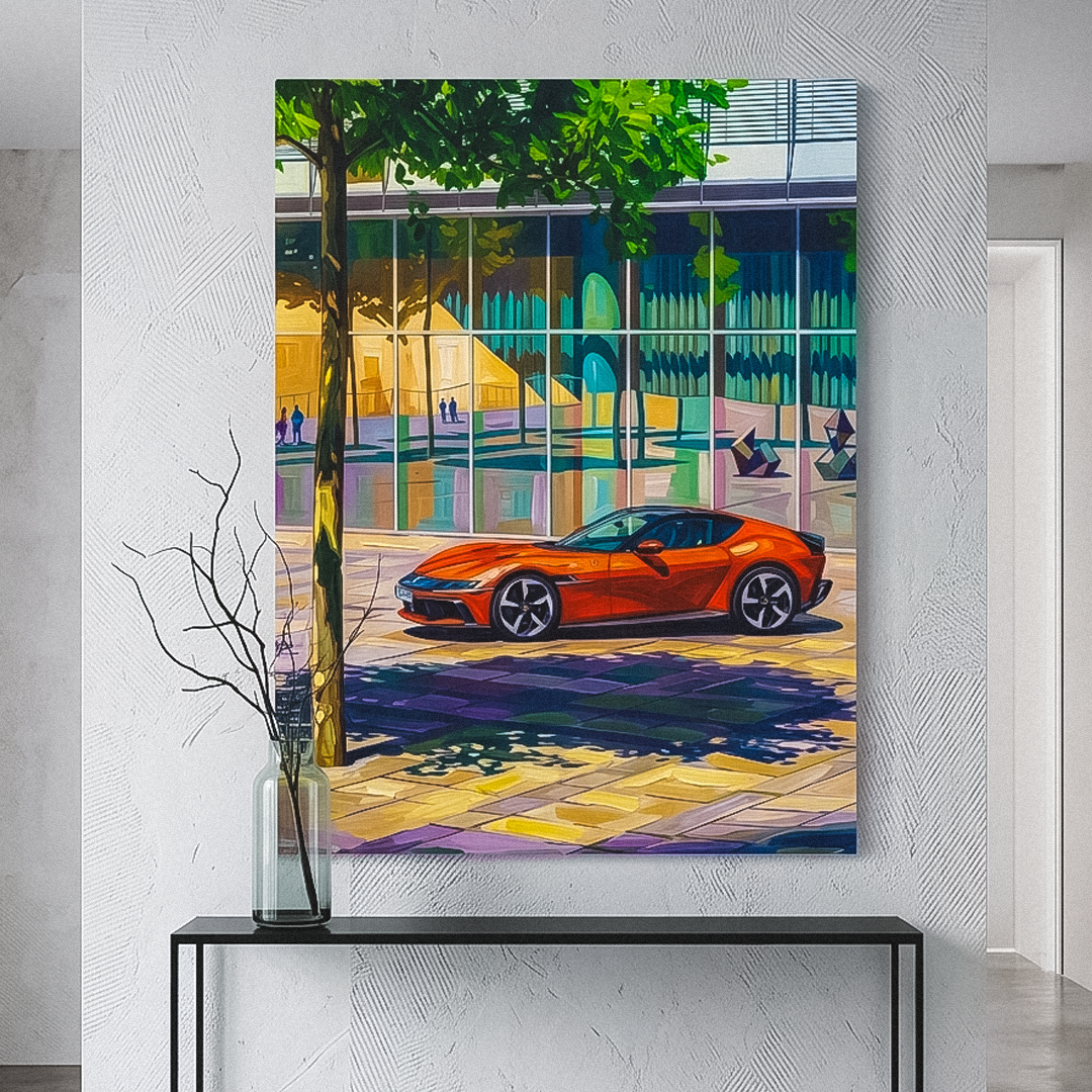 Framed painting of a red sports car on a city street displayed on a wall.