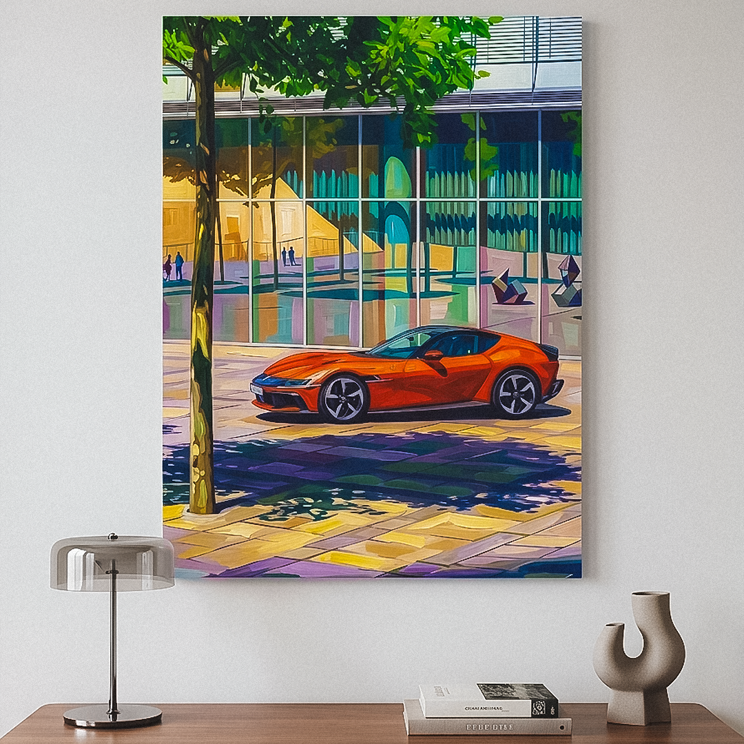 Painting of a red car on a wall above a wooden desk with decor items.