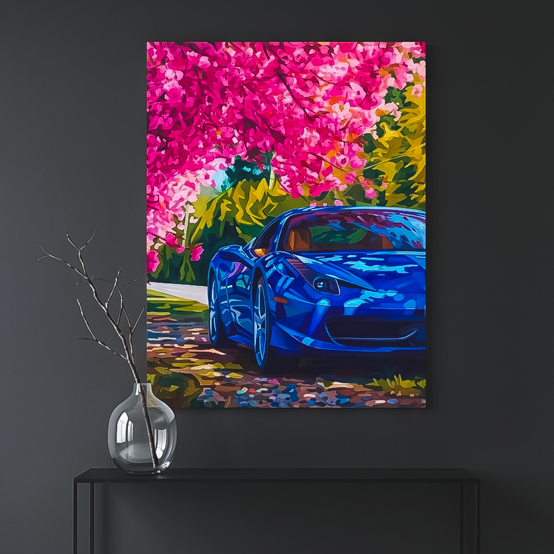 Painting of a blue car on a black wall above a black console table with a vase.