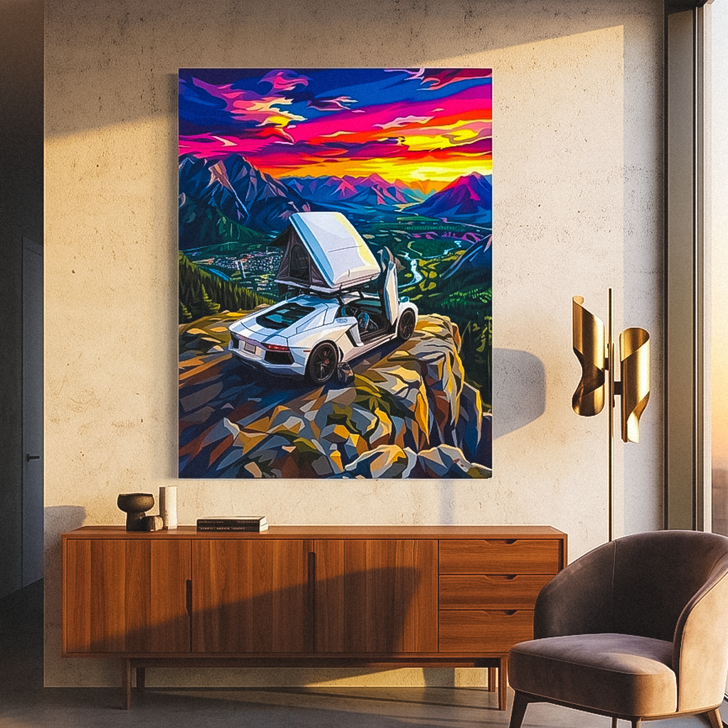 Modern interior with a wooden sideboard, chair, and abstract painting of a car on a mountain.
