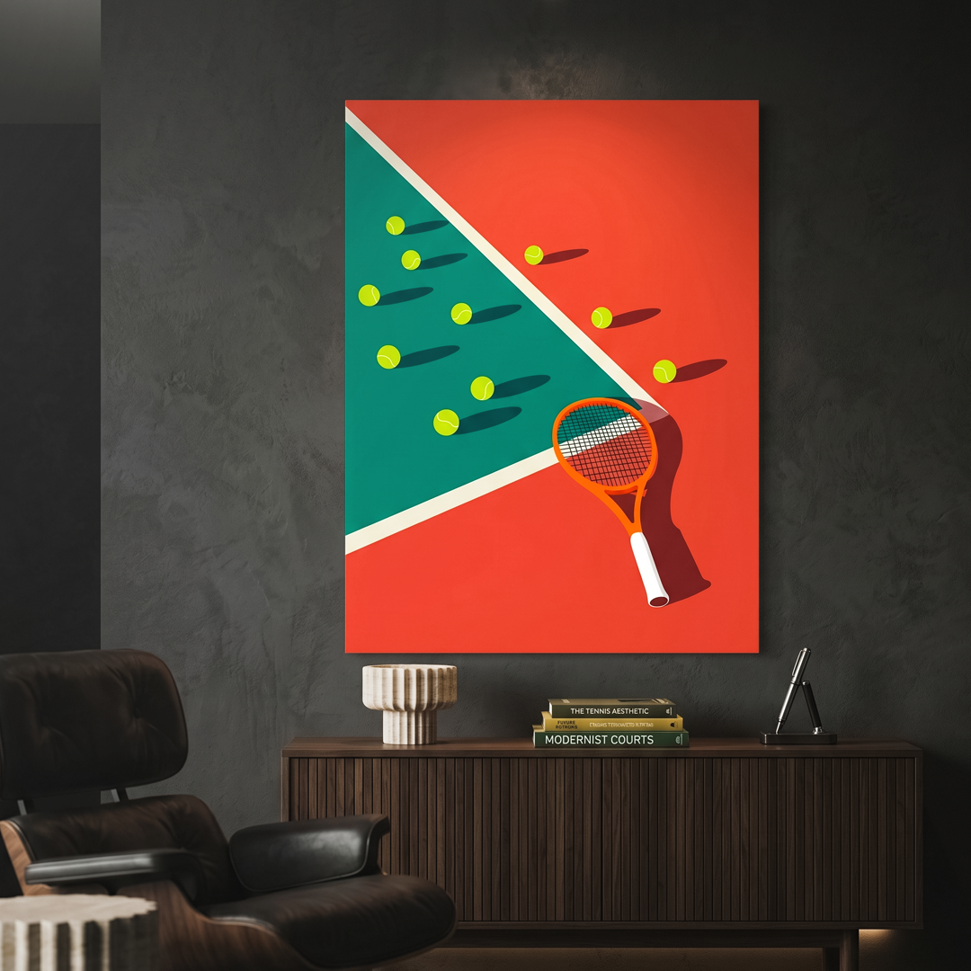 Abstract art print of a tennis racket and balls on a red and green background in a modern living room.