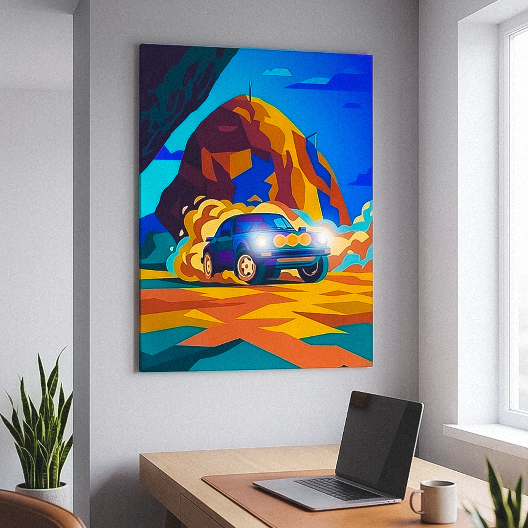 Colorful abstract painting of a car on fire above a desk with a laptop and mug.