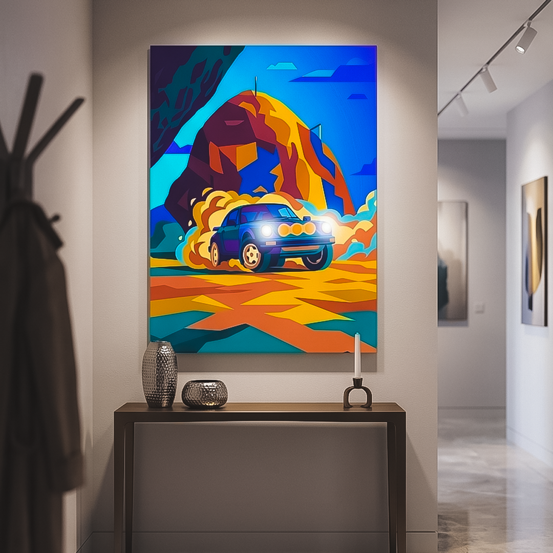 Colorful abstract painting of a car on a mountain in an art gallery setting.