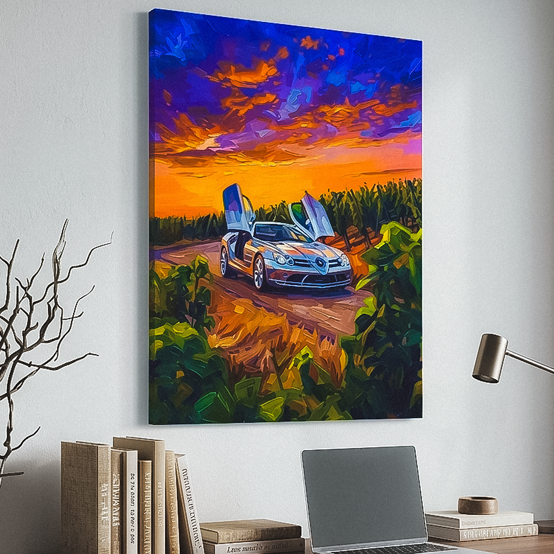 Painting of a car with open doors on a road surrounded by nature, displayed above a desk.