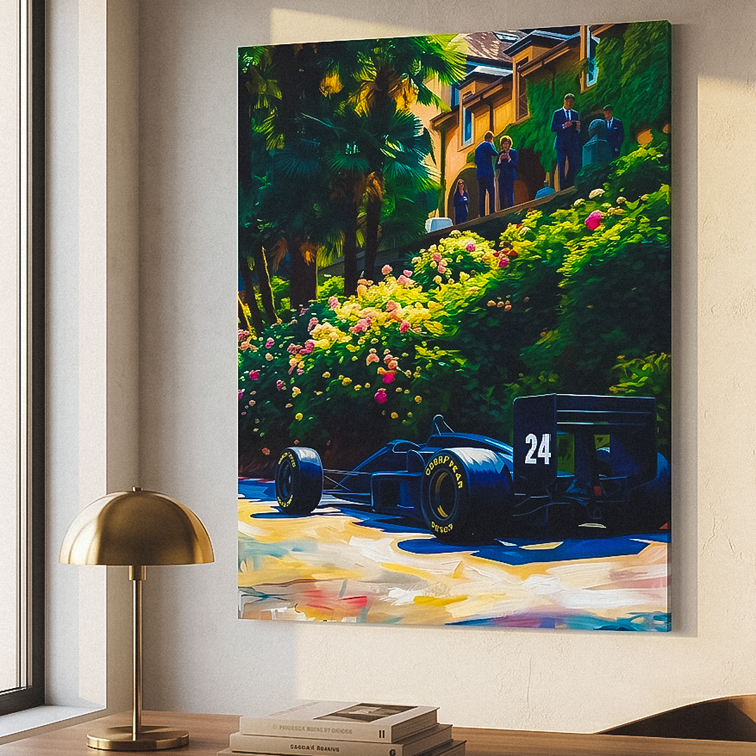 Painting of a race car on a wall above a desk with a lamp and books.
