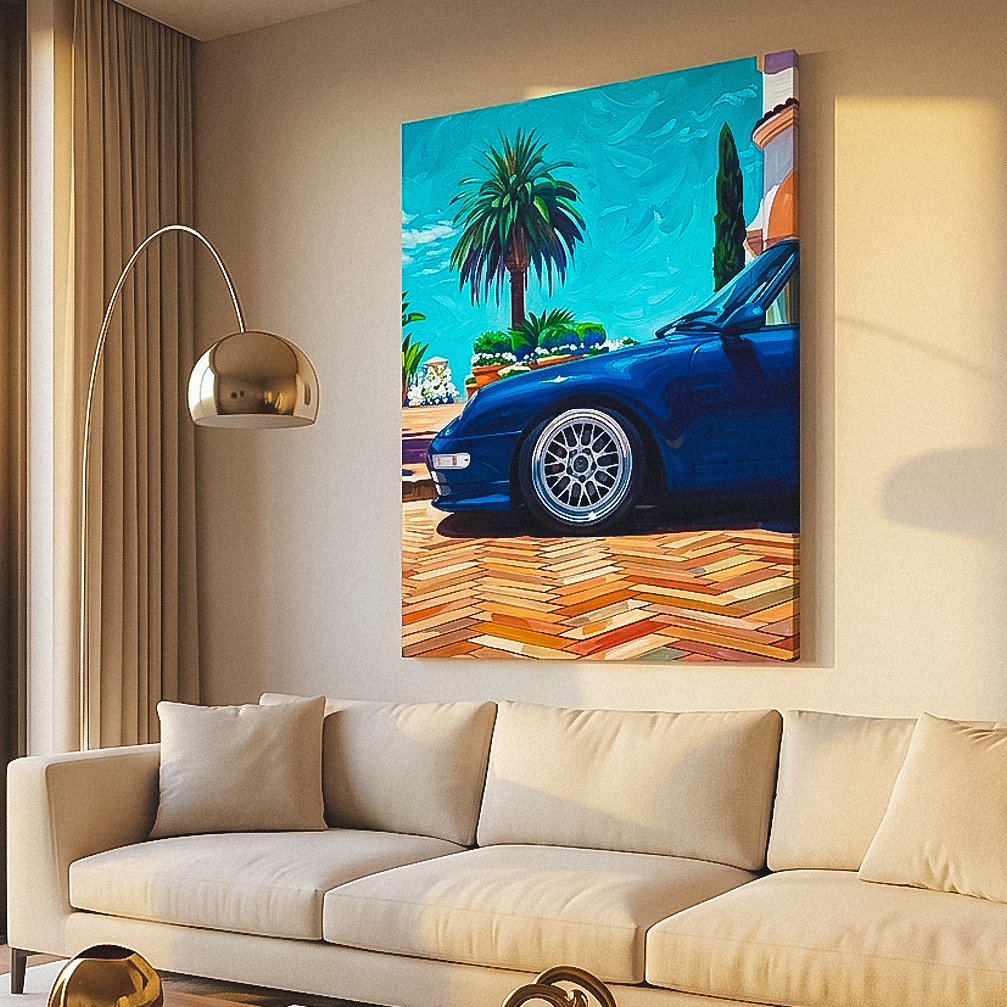 Modern living room with a beige sofa, coffee table, and a colorful painting of a blue car on the wall.