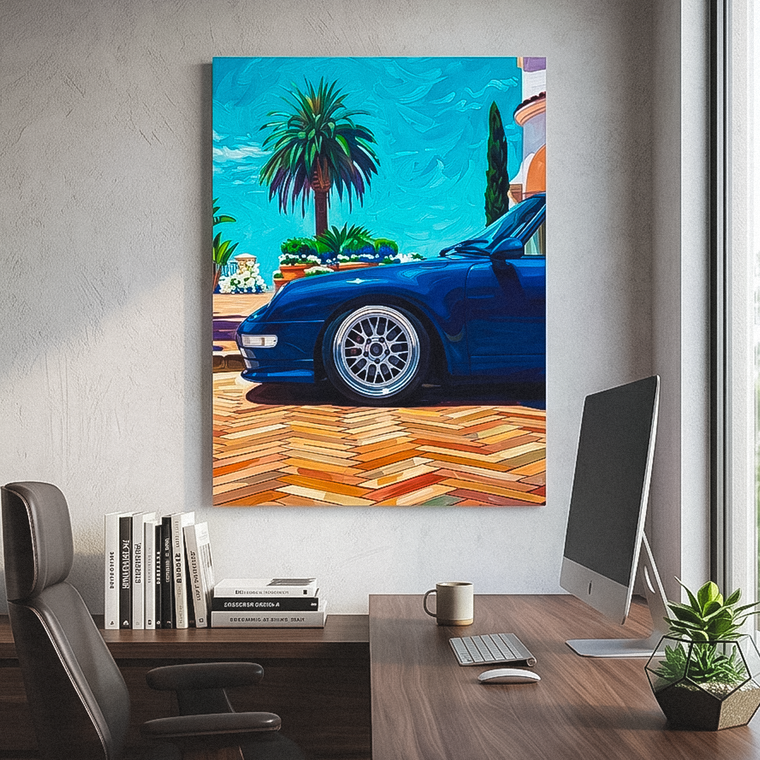 Modern office with a large painting of a blue car on a beach, books, a chair, and a computer setup.