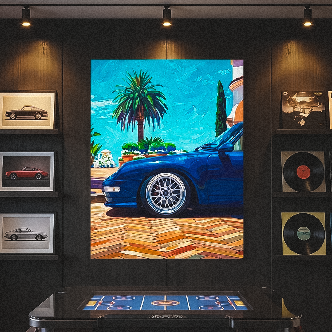 Artistic depiction of a blue car with a palm tree on a wall above an air hockey table.