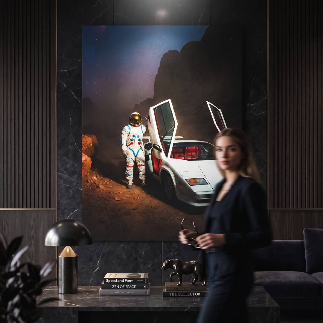 Woman standing in a modern living room with a large painting of a futuristic scene on the wall.