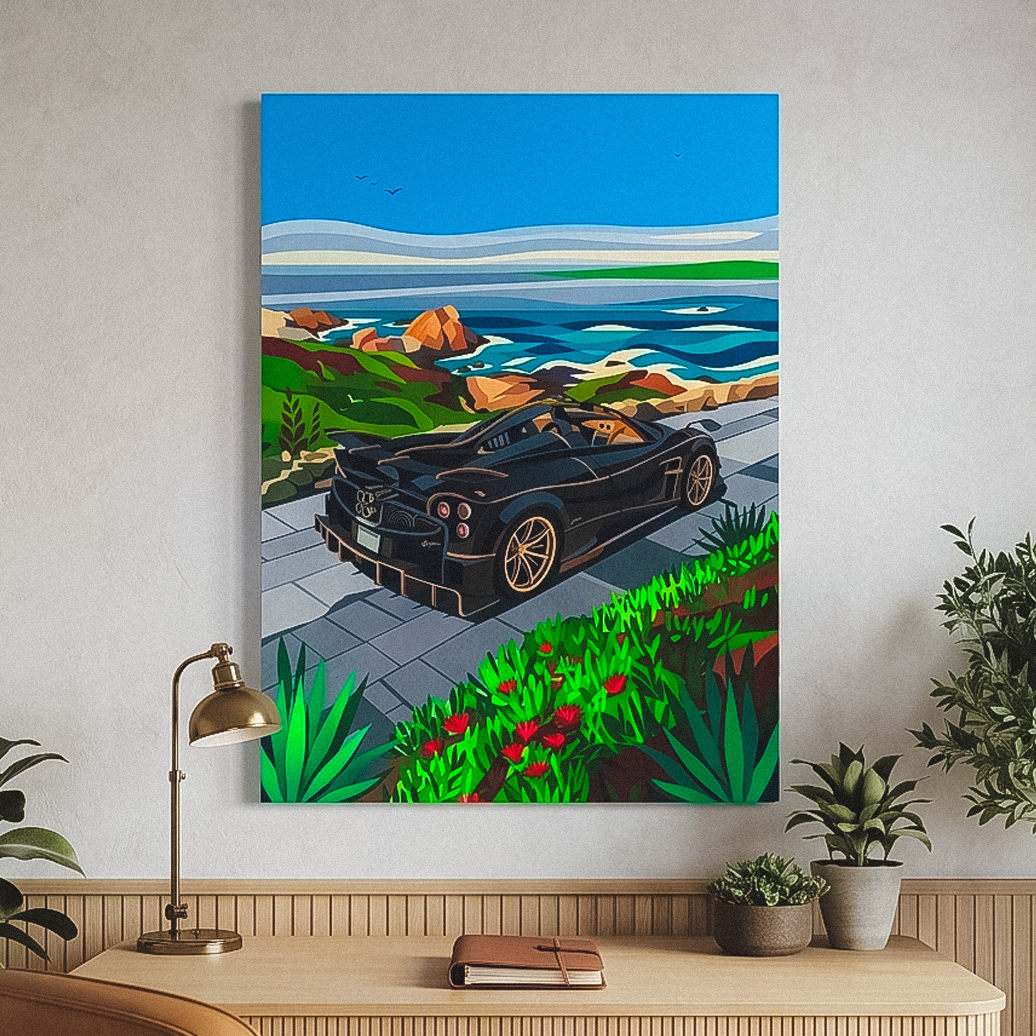 Painting of a black sports car on a road with ocean view above a desk.