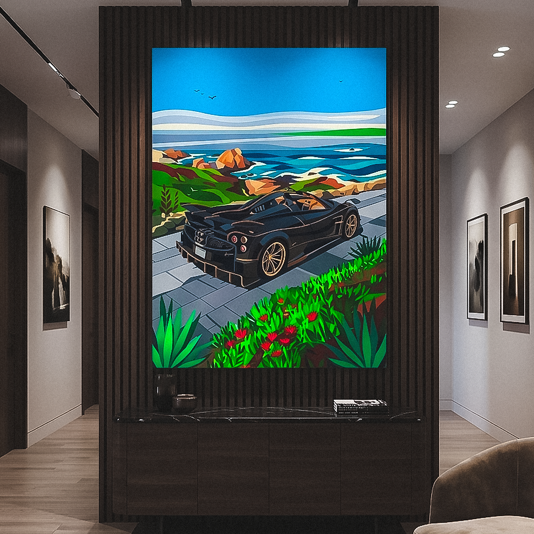 Modern interior with a large TV screen displaying a scenic car view.