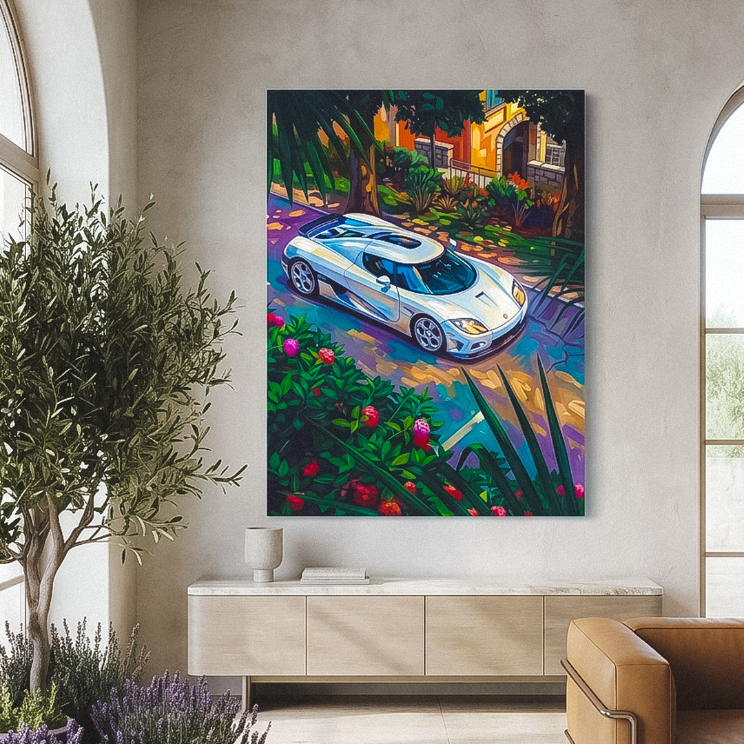 Colorful abstract painting of a car on a wall in a modern living room.