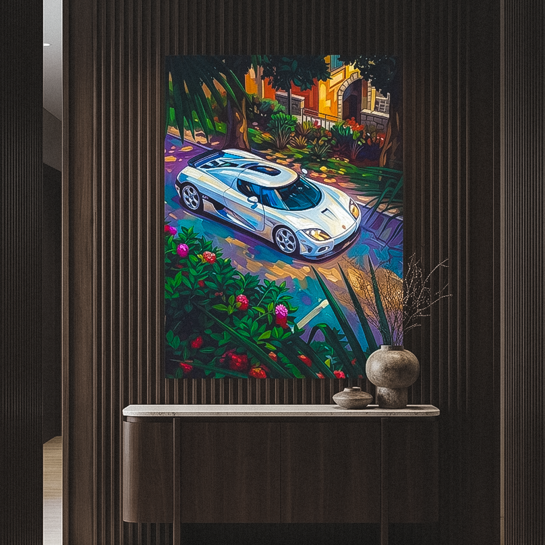 Colorful painting of a car on a wall in a modern interior setting