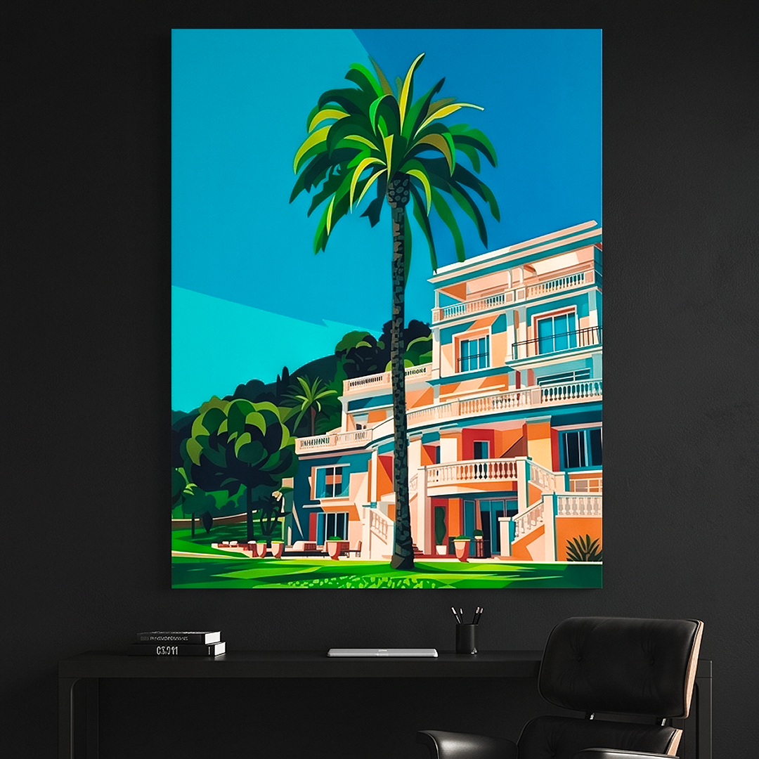 A large vertical canvas print featuring a vibrant pop-art style illustration of a Mediterranean villa and palm tree, displayed on a dark wall above a black desk and modern lounge chair.