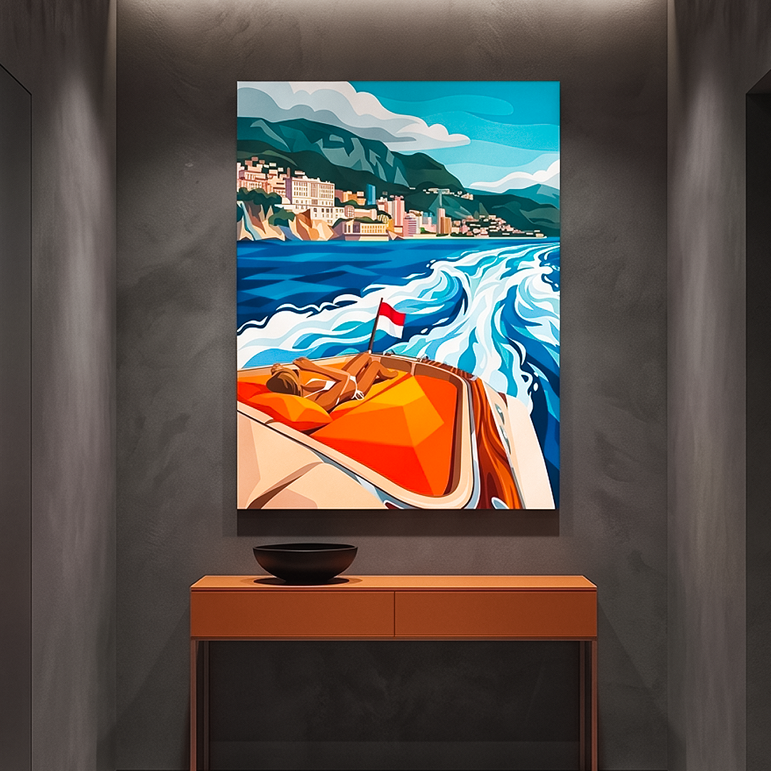 A colorful canvas painting of a coastal city and sea scene with a bright orange speedboat, displayed on a dark gray wall above a wooden console table in a modern interior setting.