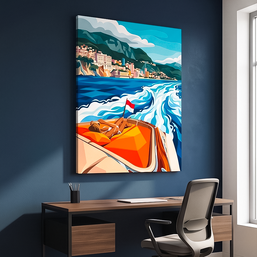 A colorful canvas wall art print depicting an orange speedboat on blue water with a coastal town and mountains in the background, displayed on a dark navy wall above a wooden desk and office chair.