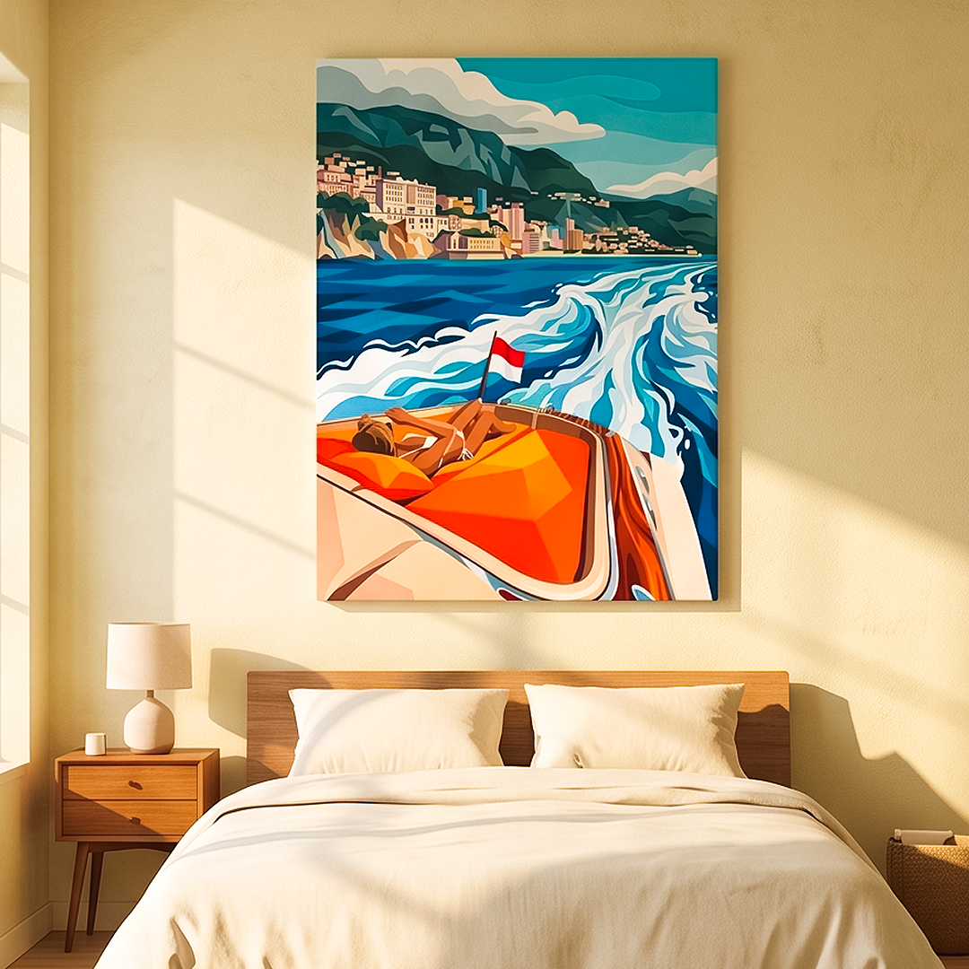 A colorful canvas wall art print depicting an orange speedboat on blue water with a coastal town and mountains in the background, displayed above a neatly made bed in a warm, modern bedroom.