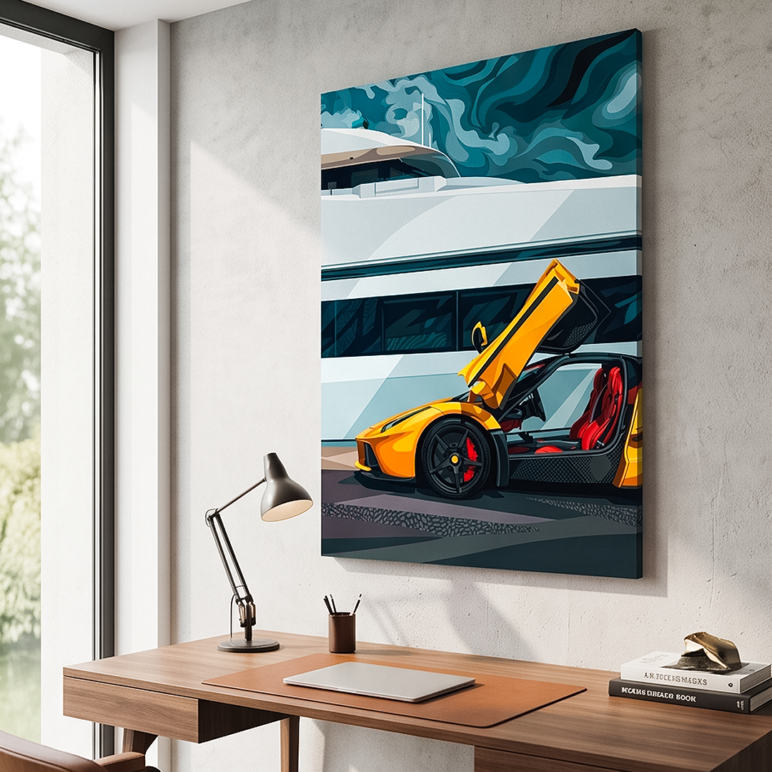 A vertical canvas wall art print depicting a yellow sports car with its door open, mounted on a light gray wall above a wooden desk in a modern office setting.