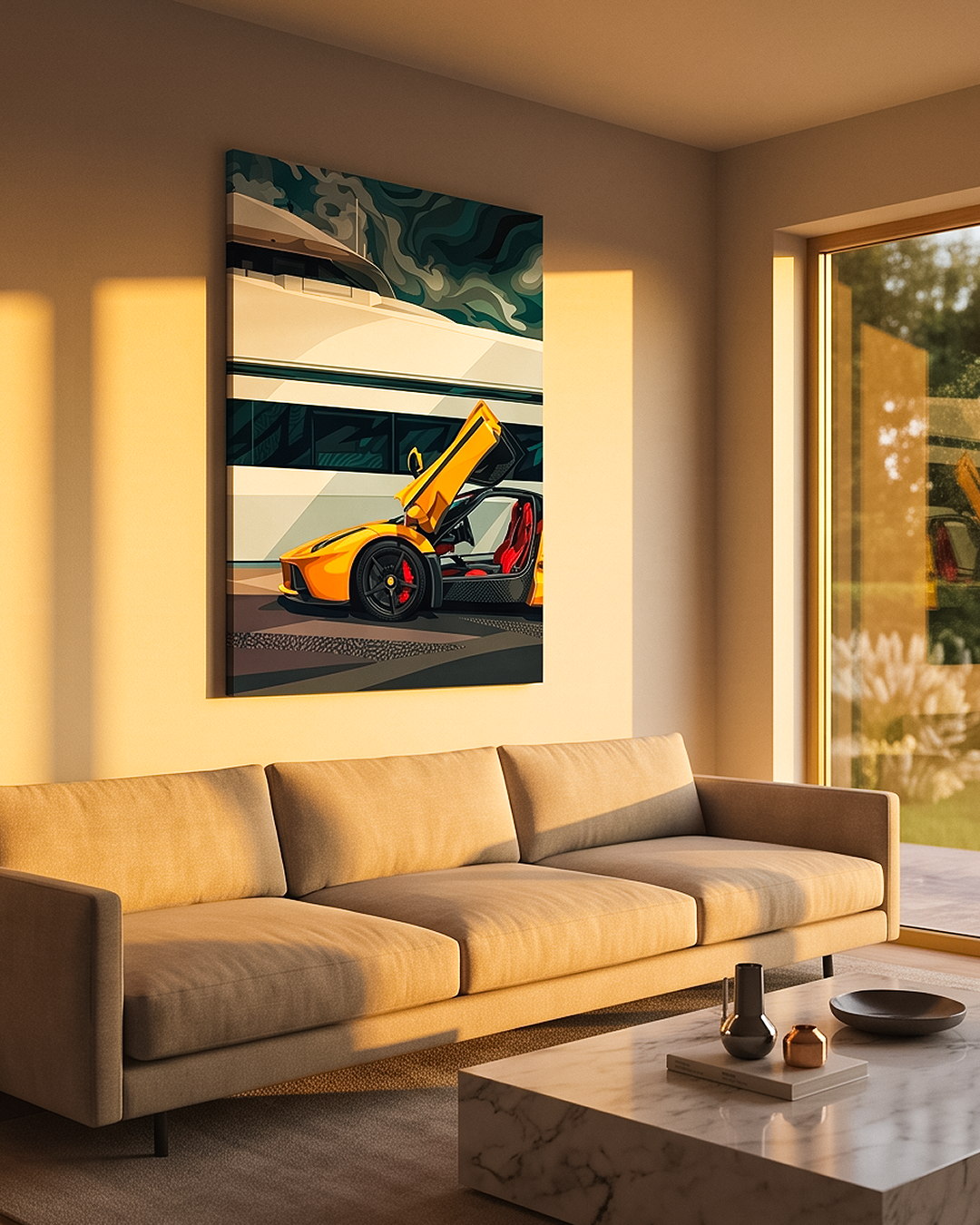 A vertical canvas wall art print depicting a yellow sports car with its door open, displayed in a modern living room setting above a beige sofa.