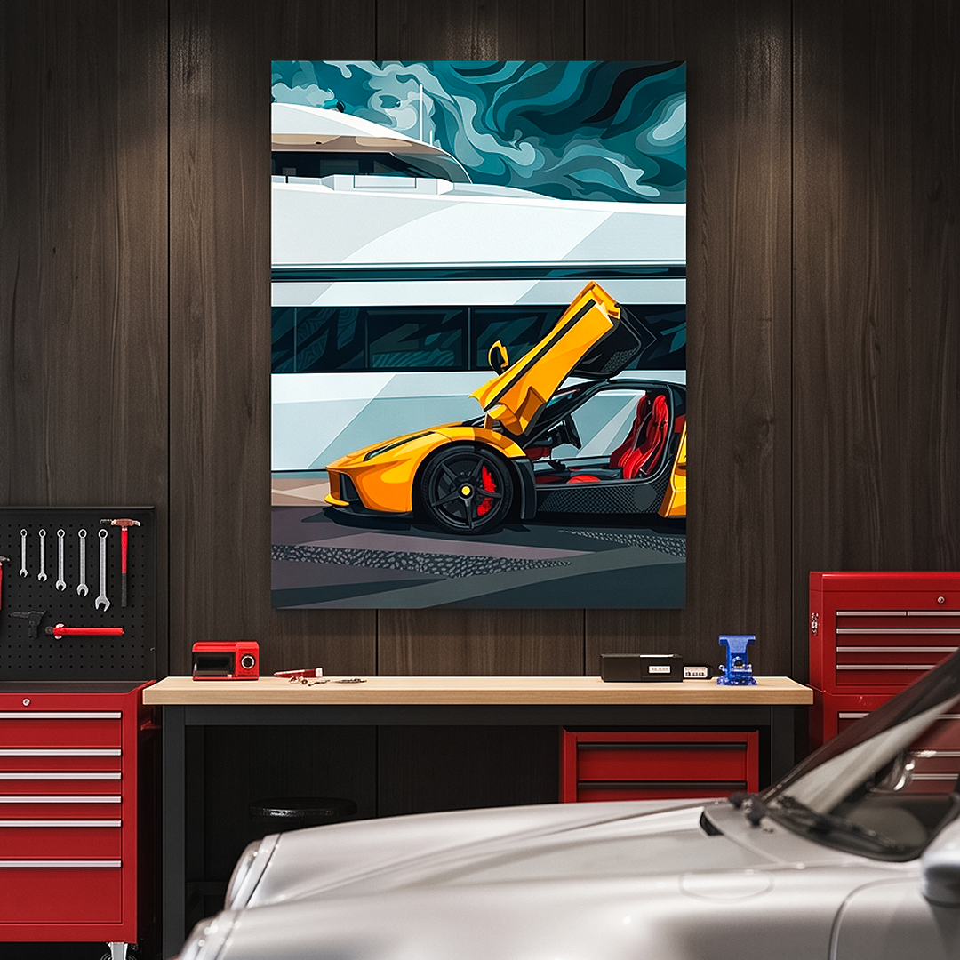 A vertical canvas wall art print depicting a yellow sports car with its door open in front of a white yacht, displayed on a dark wood wall in a garage setting with a silver car in the foreground.