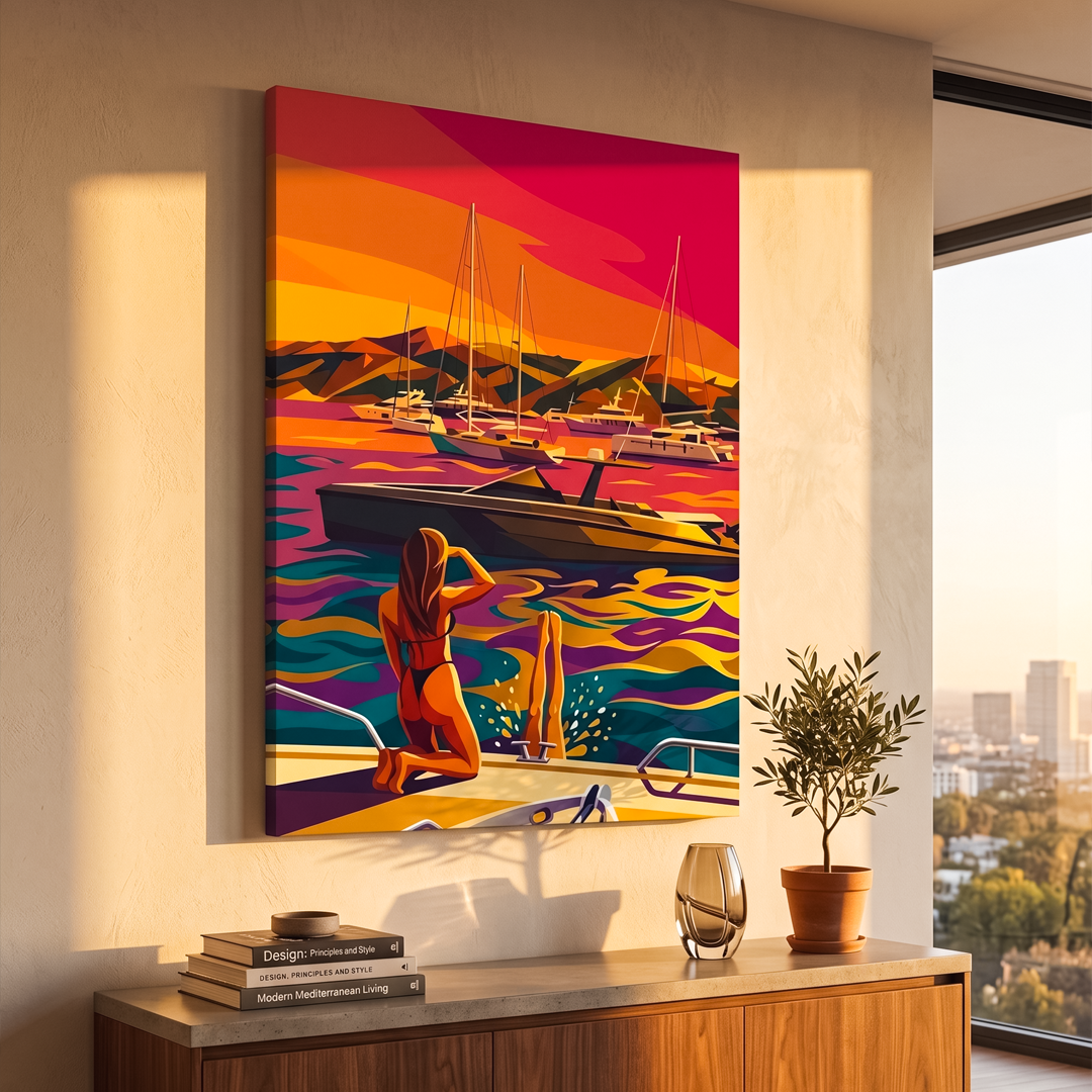 Colorful abstract painting of a woman by a marina on a wall above a wooden console table.