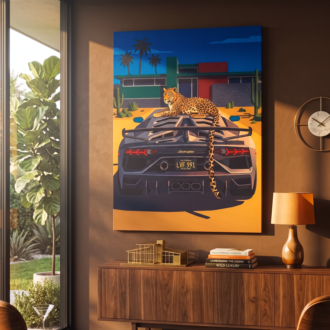 Modern living room with a painting of a leopard on a car, wooden cabinet, and decor items.