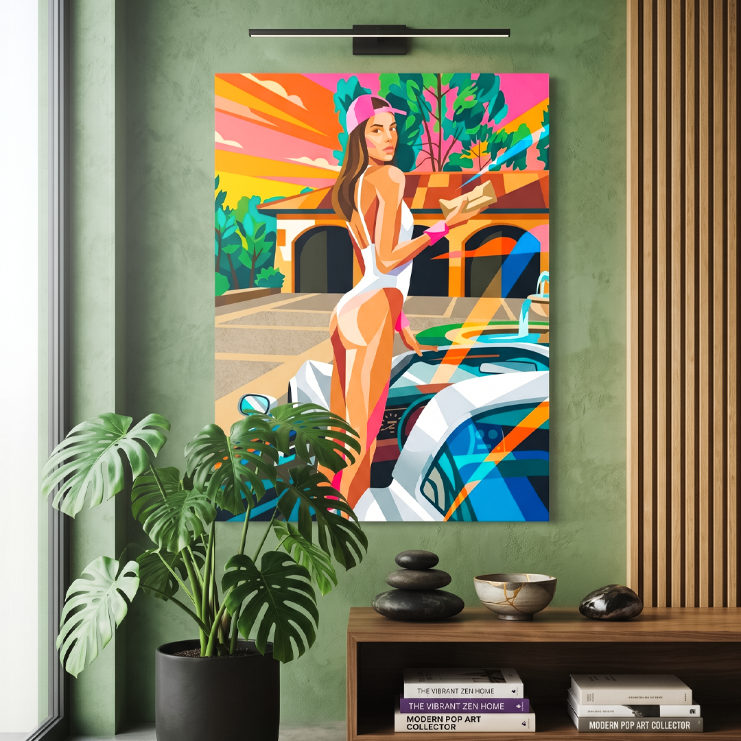 Colorful abstract painting of a woman by a pool in a modern interior setting.