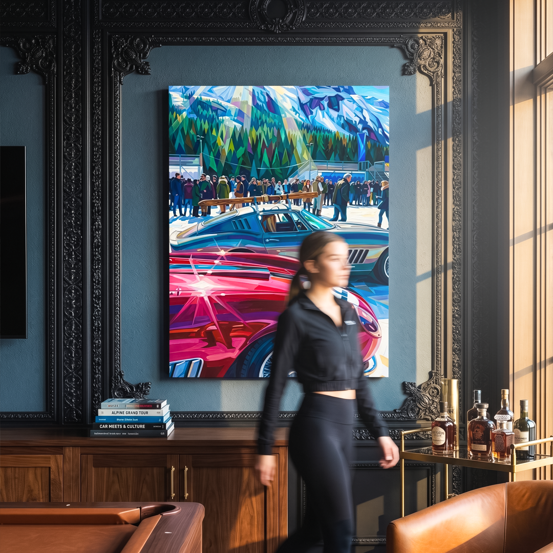 Woman walking in a room with a large abstract painting of a race track.