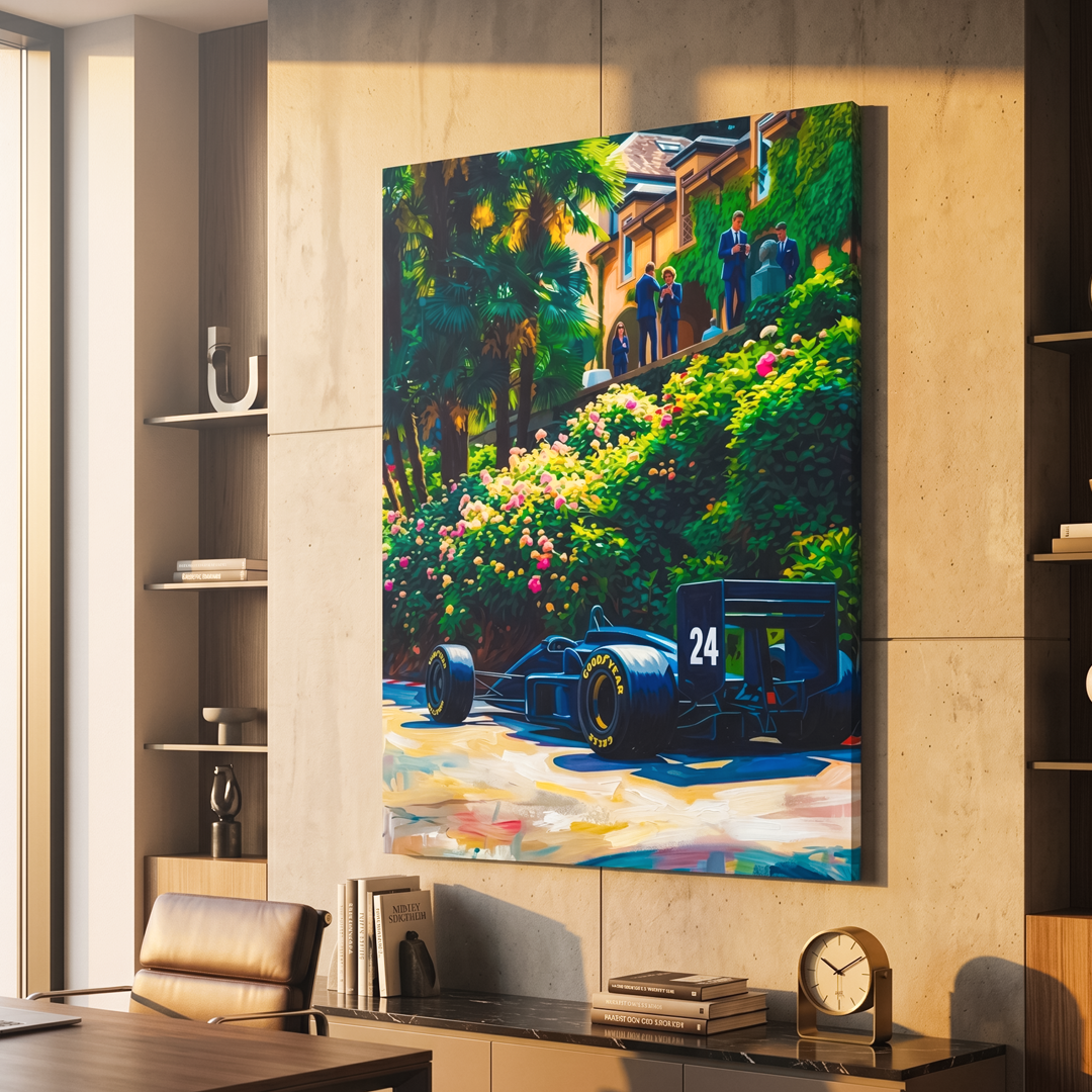 Modern interior with a painting of a vintage car on a wall