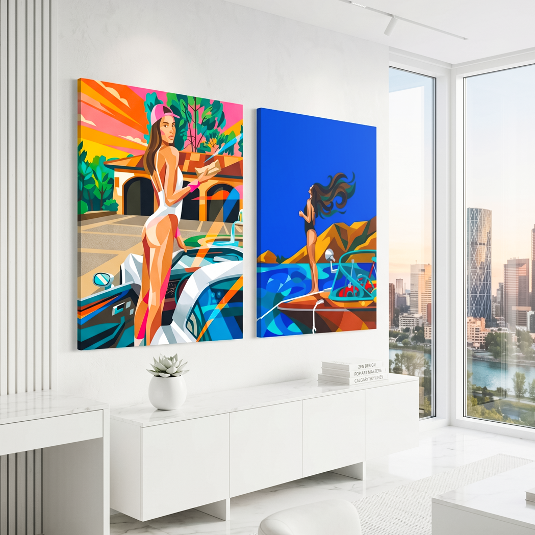 Modern interior with colorful abstract art of a woman by a pool.