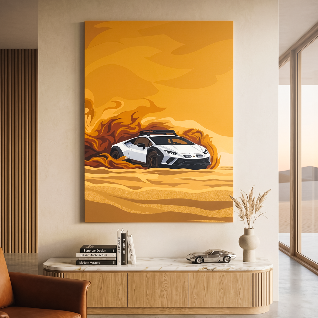 Modern interior with a painting of a car on fire, a brown armchair, and a wooden cabinet.