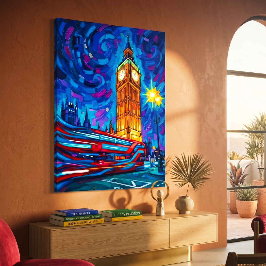 Colorful abstract painting of Big Ben in a living room setting
