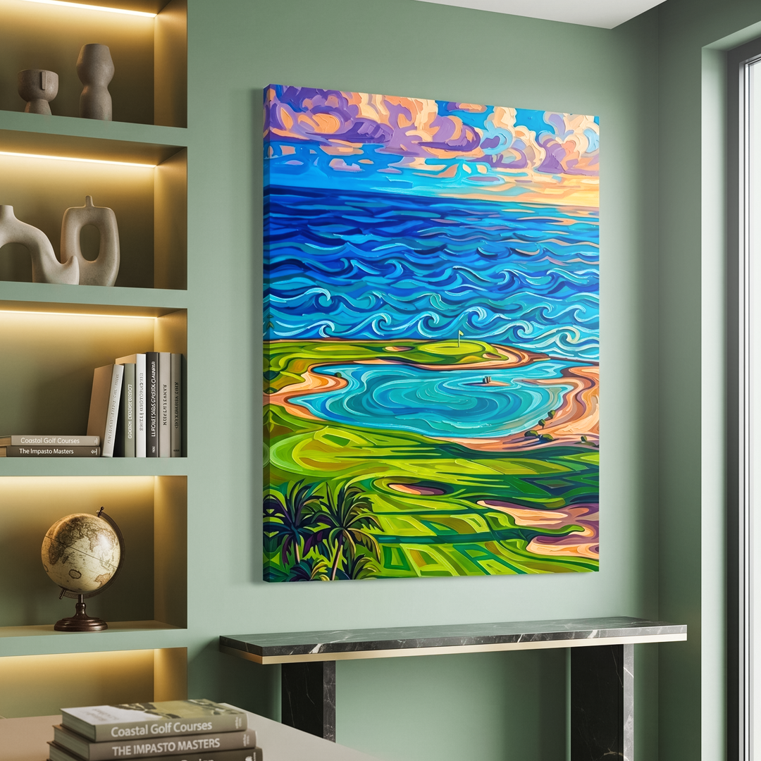 Colorful abstract painting on a wall above a desk with shelves and decor.