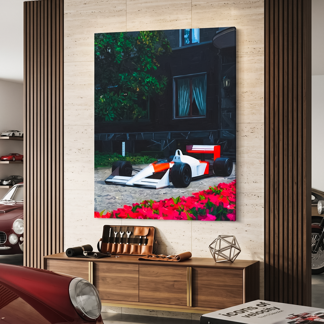 Modern interior with a painting of a racing car on a wall, surrounded by decor elements.