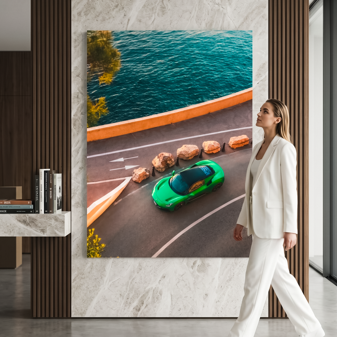Woman in a white outfit standing in a modern interior space with a large painting of a road and car.