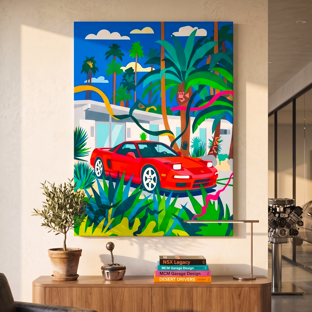 Colorful abstract painting of a red car and tropical scene on a wall in a modern interior setting.